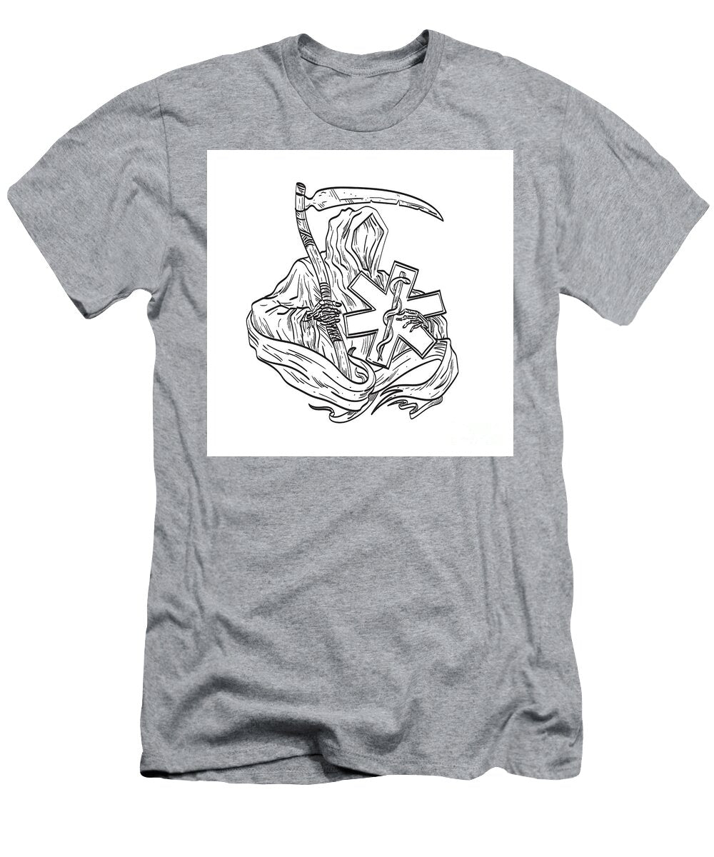 Grim Reaper Holding the Ems Star of Life with Scythe Tattoo Drawing Black and White Aloysius Patrimonio T-Shirt