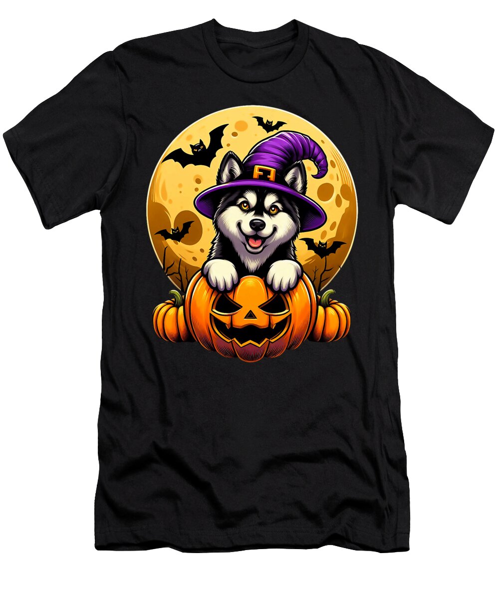 Halloween Husky Witch Hat Pumpkin Dog Lover Yah Lishr T-Shirt