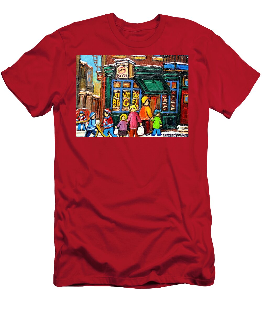 Happy Shoppers At St Viateur Bagel Montreal Winter Street Hockey Scene Canadian Art Carole Spandau Carole Spandau T-Shirt