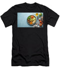 Healthy Buddha Bowl with Grilled Chicken Avocado Tofu Couscous and Tomatoes on Light Blue Background Talha Khan T-Shirt