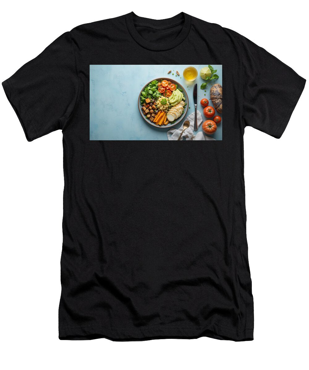 Healthy Buddha Bowl with Grilled Chicken Avocado Tofu Couscous and Tomatoes on Light Blue Background Talha Khan T-Shirt