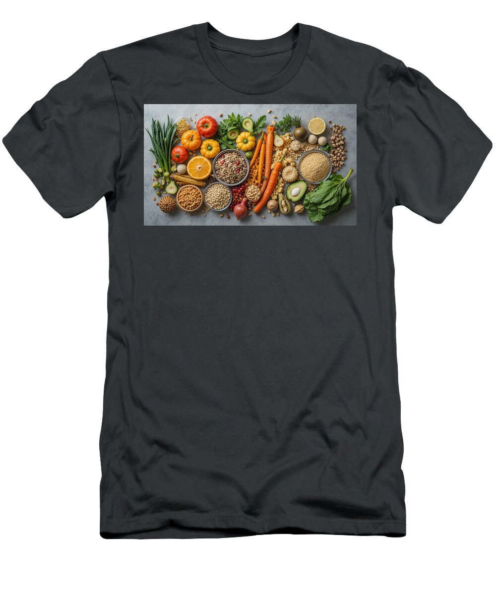 Healthy Food Diet Selection with Fresh Vegetables Legumes Nuts and Grains on Grey Background Talha Khan T-Shirt