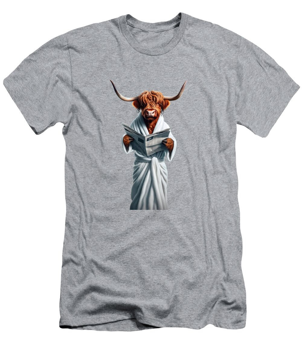 Highland Humor Cow in a Bathrobe Reading the News Ox Wall Art Funny Cow Ibrahim Haron T-Shirt