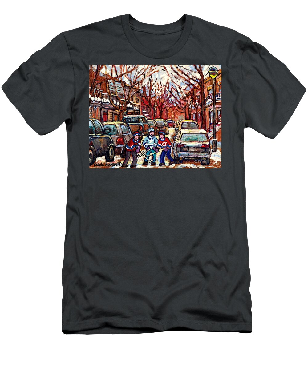 Hockey Art Winter Scene Painting After the Snow Streets of Pointe St Charles Art Carole Spandau Carole Spandau T-Shirt