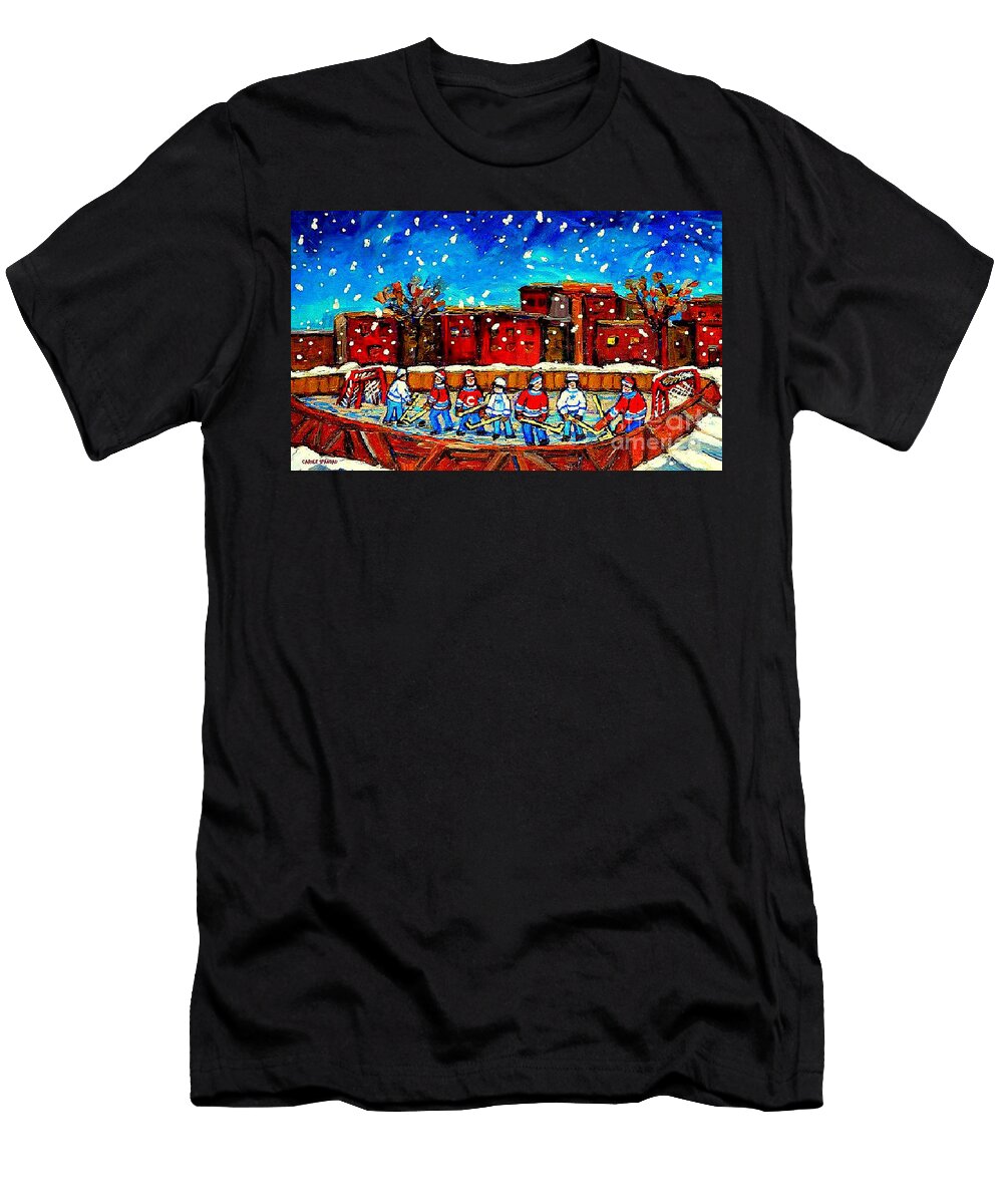 Hockey Collectible Art Cards and Prints a Snowy Day At the Neighborhood Rink Verdun Montreal Art Carole Spandau T-Shirt