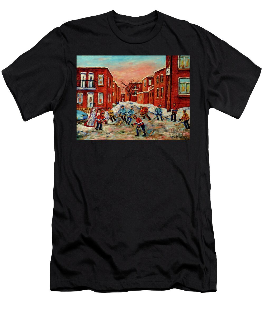 Hockey in the Lane Montreal Winter Scene Painting Street Hockey Game Carole Spandau Quebec Artist Carole Spandau T-Shirt