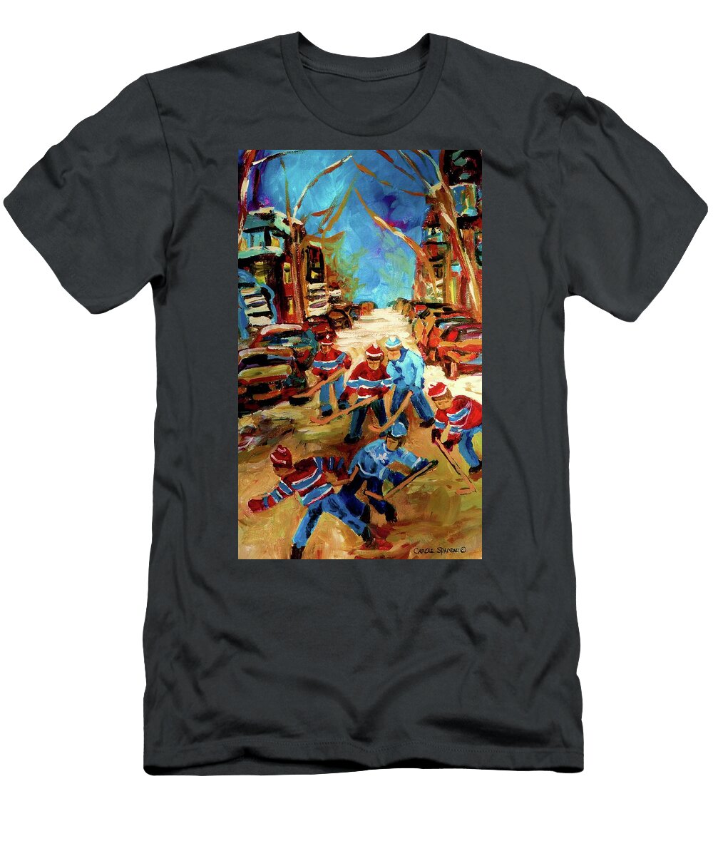 Hockey Paintings of Montreal St Urbain Street Winterscene Carole Spandau T-Shirt