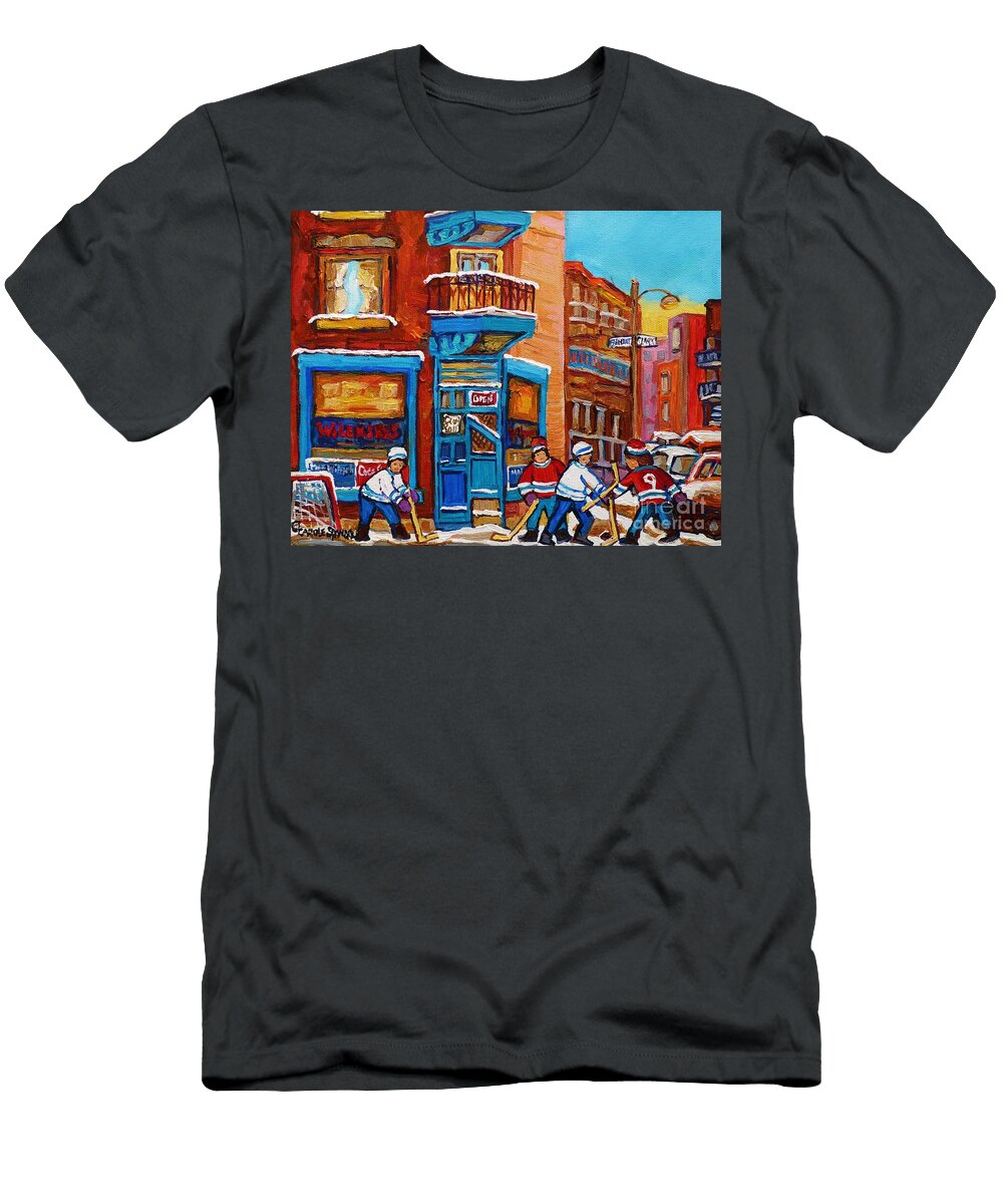 Hockey Stars At Wilenskys Diner Street Hockey Game Paintings of Montreal Winter Carole Spandau Carole Spandau T-Shirt