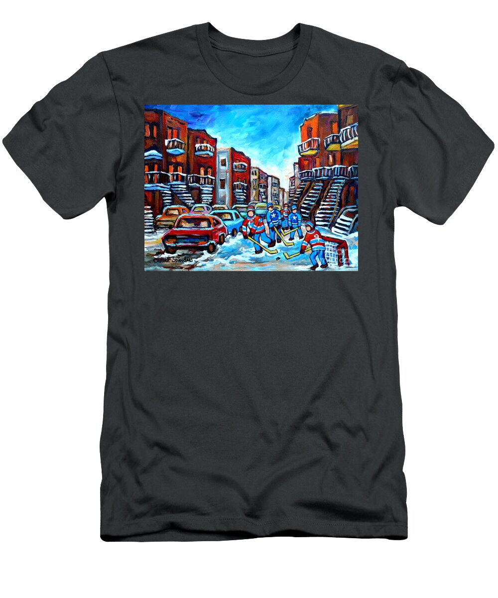 Hockey Streetscene Painting for Sale Montreal Staircases Winter in Verdun C Spandau Snowscenes Carole Spandau T-Shirt