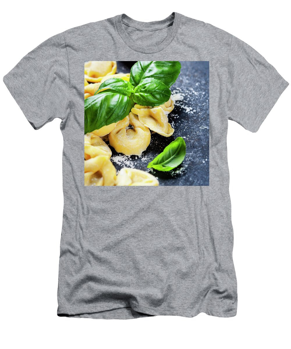 Homemade Raw Italian Tortellini and Basil Leaves Natalia Klenova T-Shirt