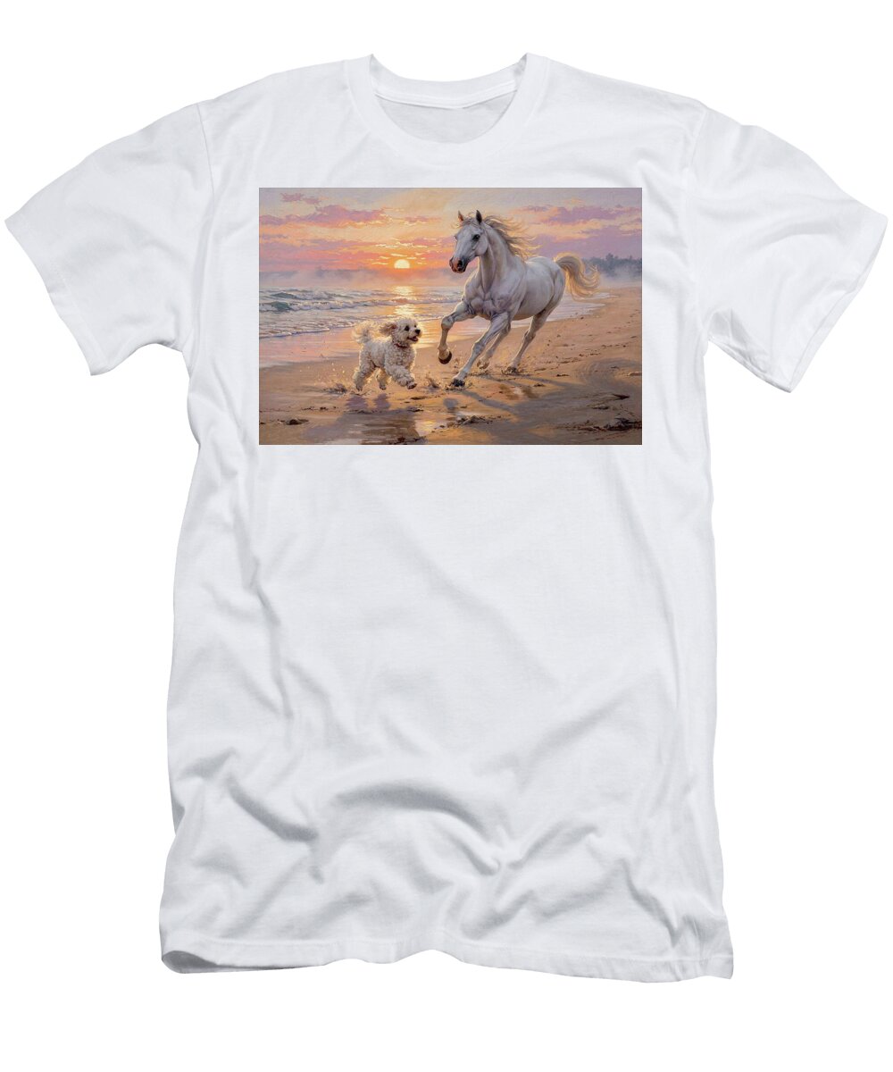 Horse and Poodle Dog Sunset Gallop By the Shore Dog Art Museum T-Shirt