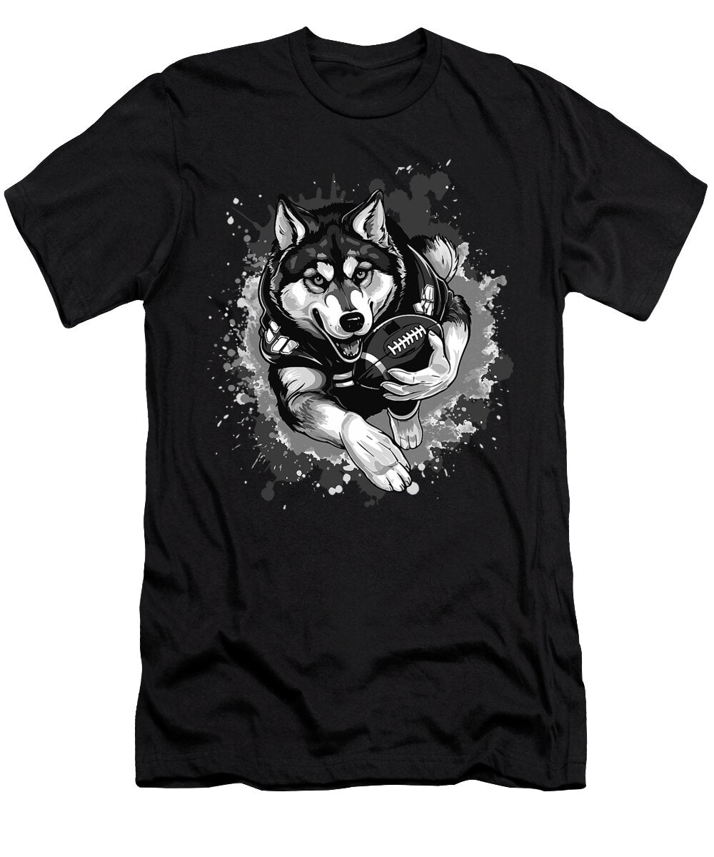 Husky Dog Animal Playing American Football Natalie Lidford T-Shirt