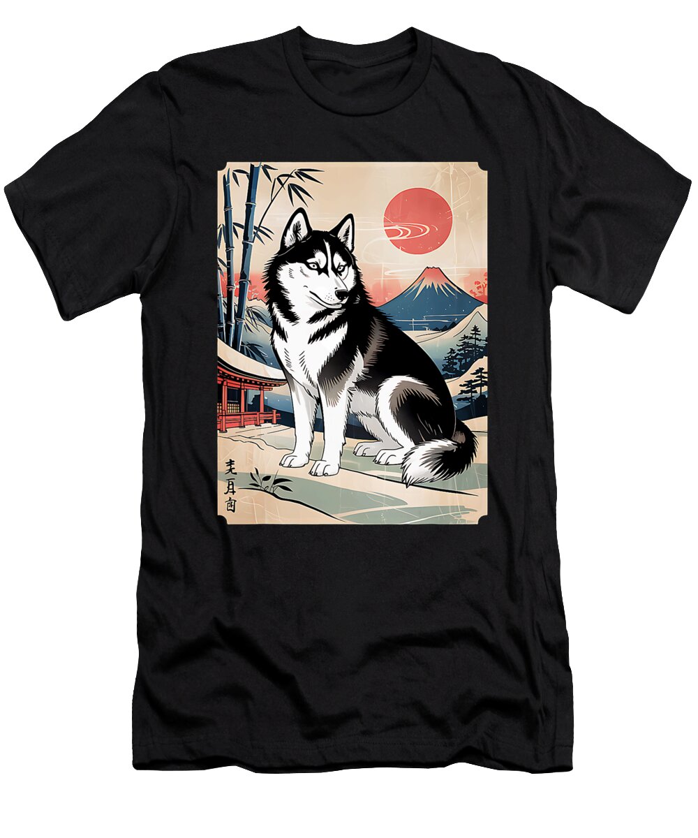 Husky Dog Bamboo Forest Mt Fuji Japanese Ukiyoe Zyneu Gangd T-Shirt