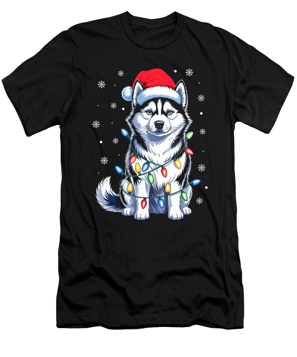 Husky Dog Christmas Lights Santa Hat Family Xmas Sophie Eleanor T-Shirt