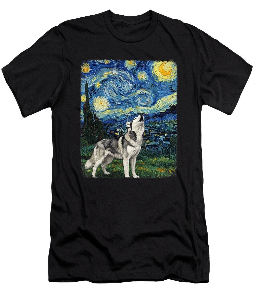 Husky Dog Howling At Moon Starry Night Van Gogh Zyneu Gangd T-Shirt