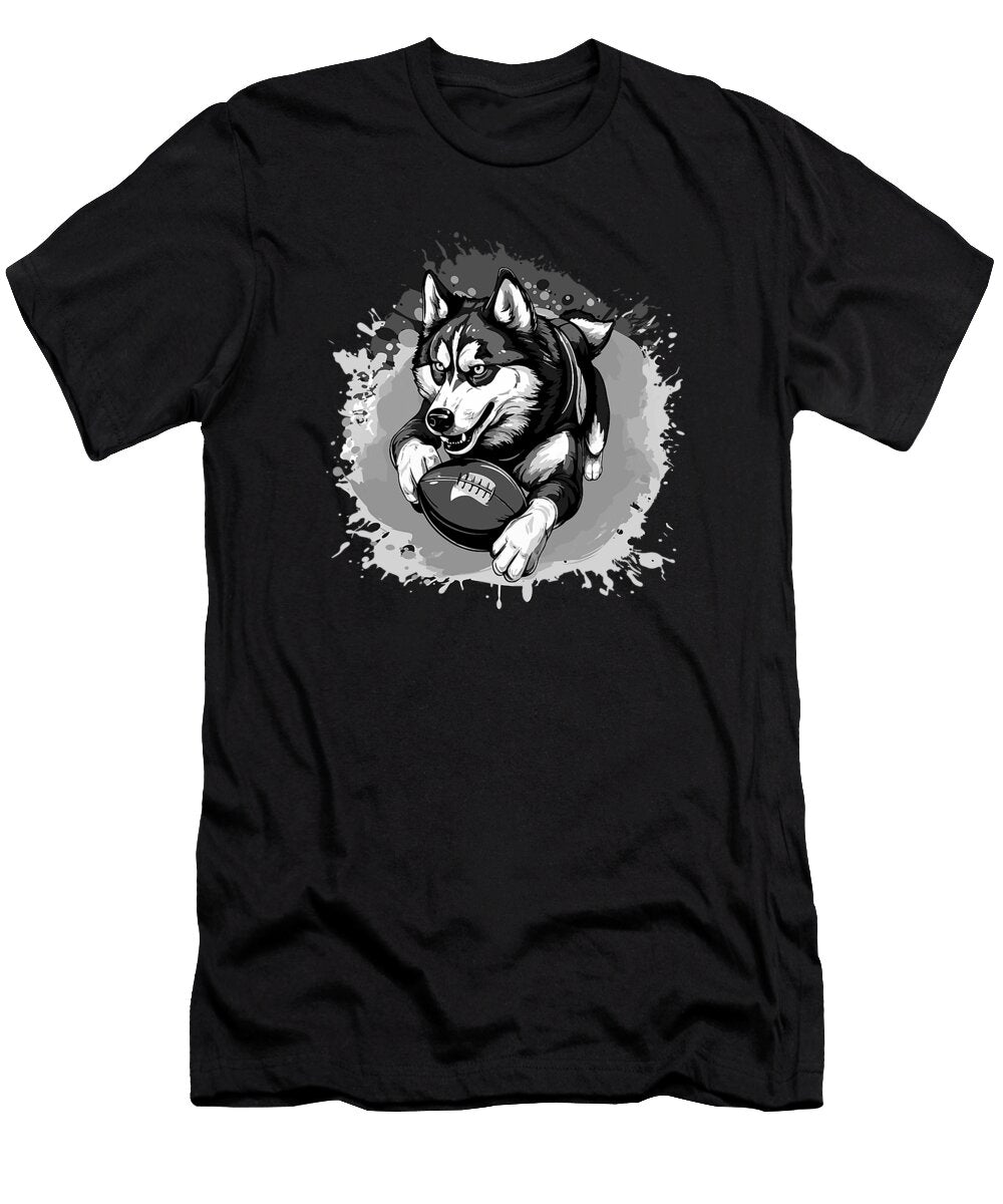 Husky Dog Playing American Football Sport Natalie Lidford T-Shirt