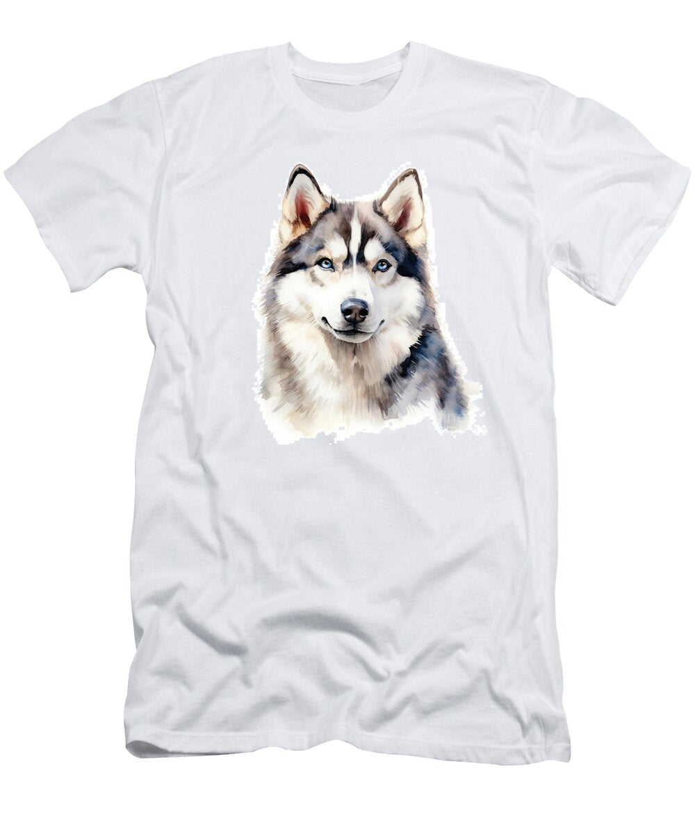 Husky Dog Portrait Stylized Watercolour Digital Illustration of a Cute Dog with Big Blue Eyes Jane Rix T-Shirt