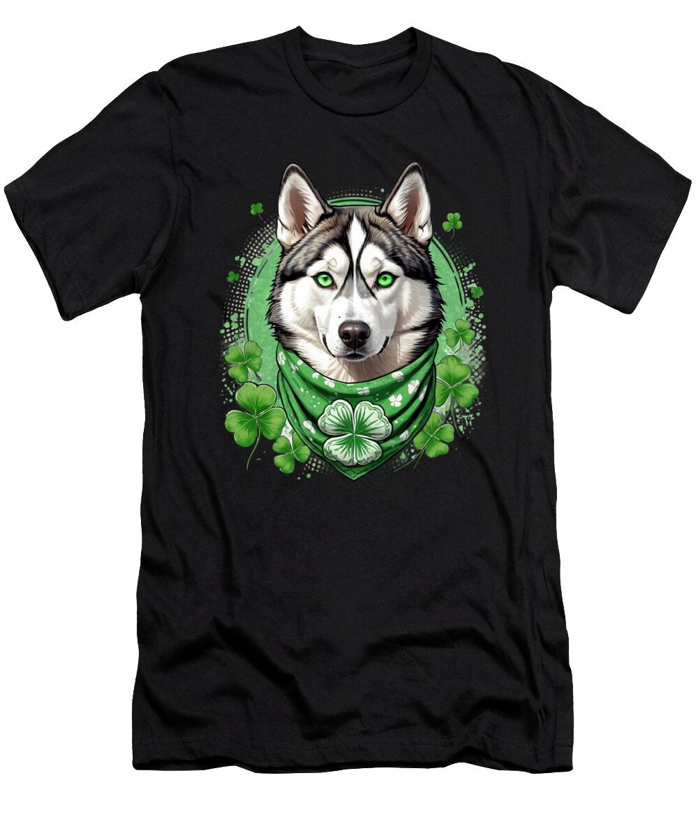 Husky Dog with Green Clover Bandana St Patricks Day Husky Maximus Designs T-Shirt