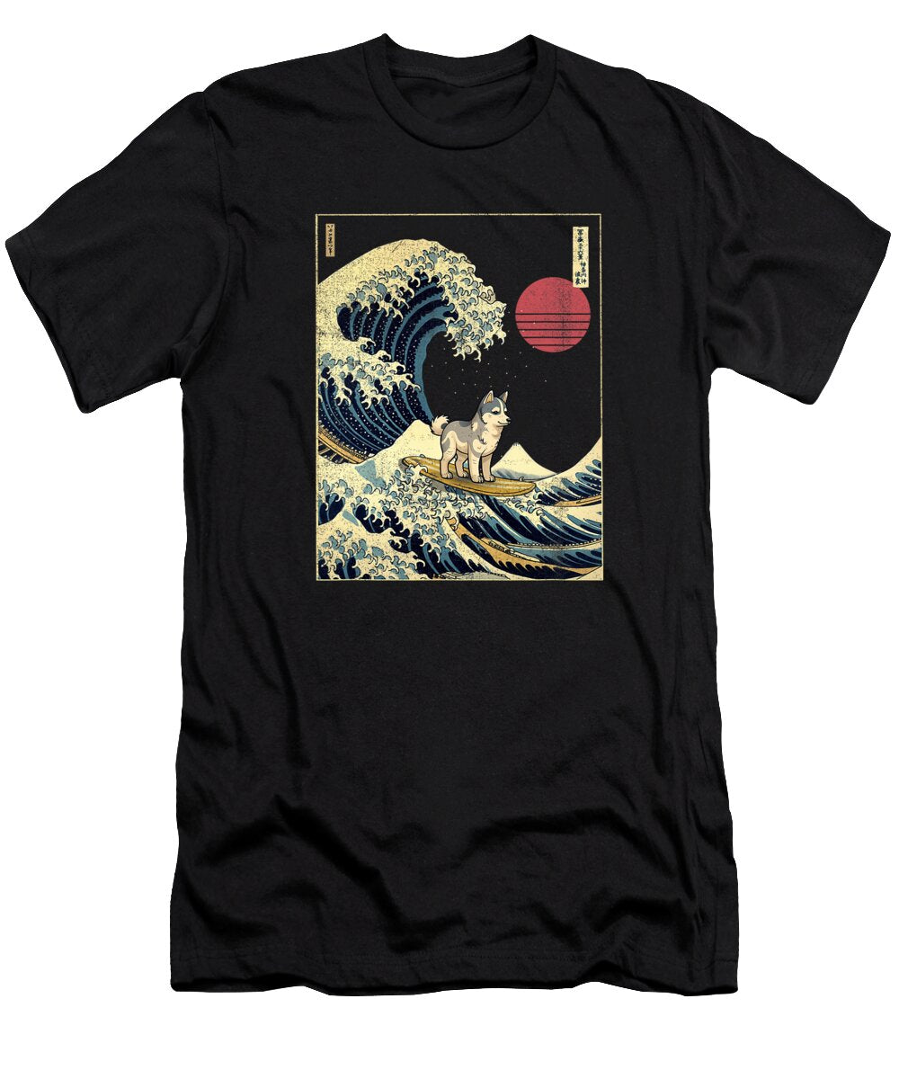 Husky Japanese Kanagawa Wave Funny Surf Dog Natalie Lidford T-Shirt