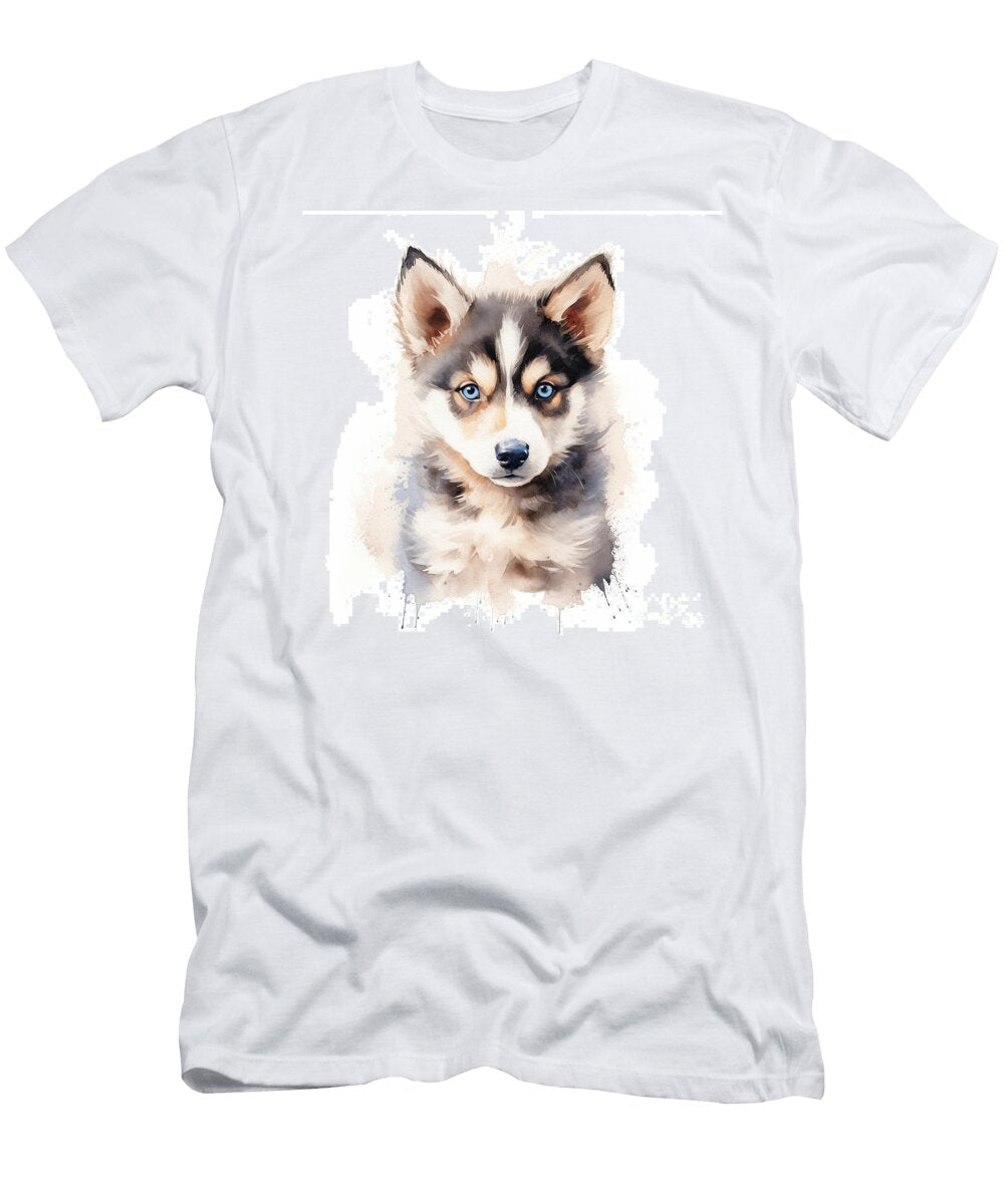 Husky Puppy Stylized Watercolour Digital Illustration of a Cute Dog with Big Blue Eyes Jane Rix T-Shirt