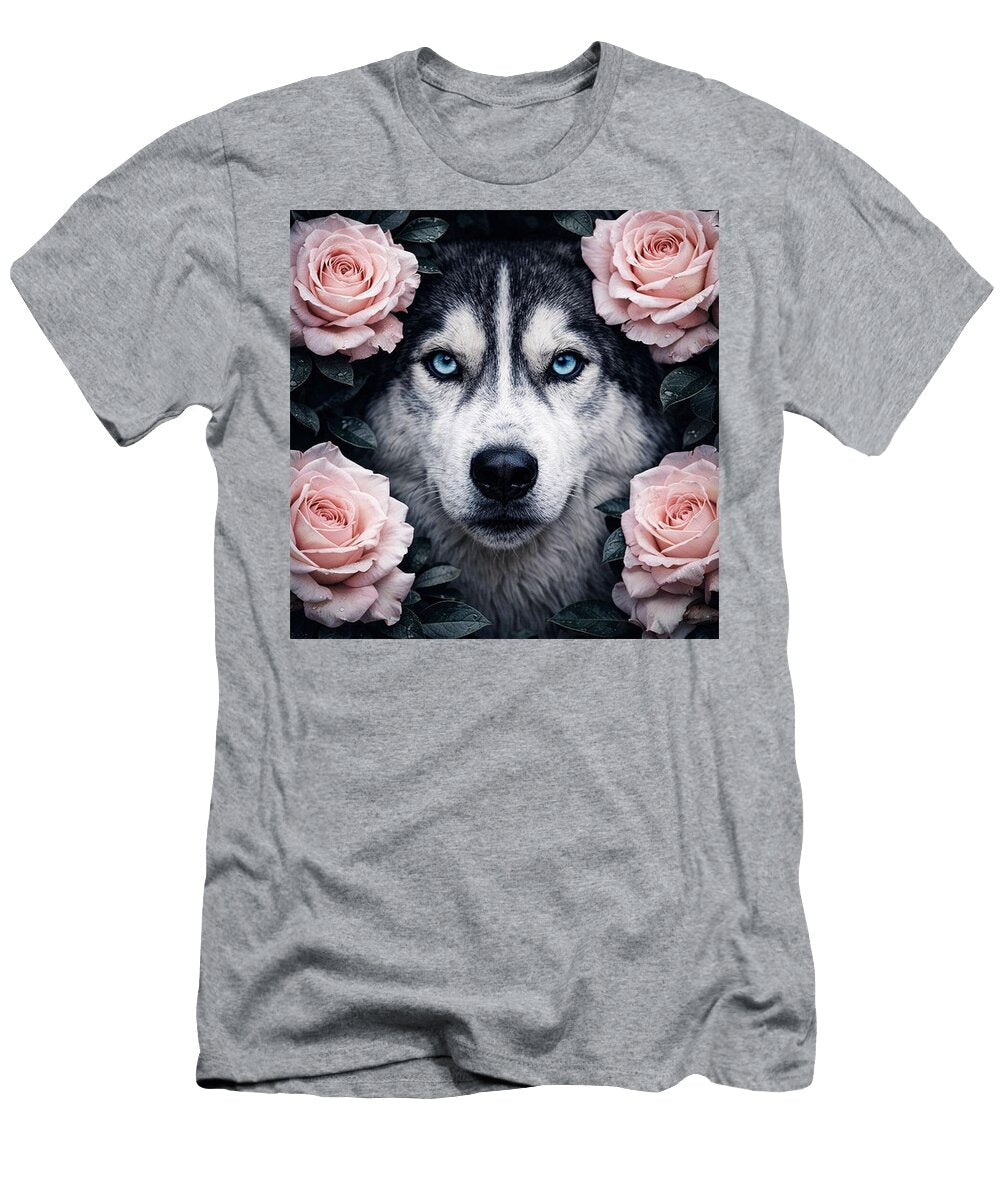 Husky Surrounded By Pink Roses Museum of Exquisities T-Shirt
