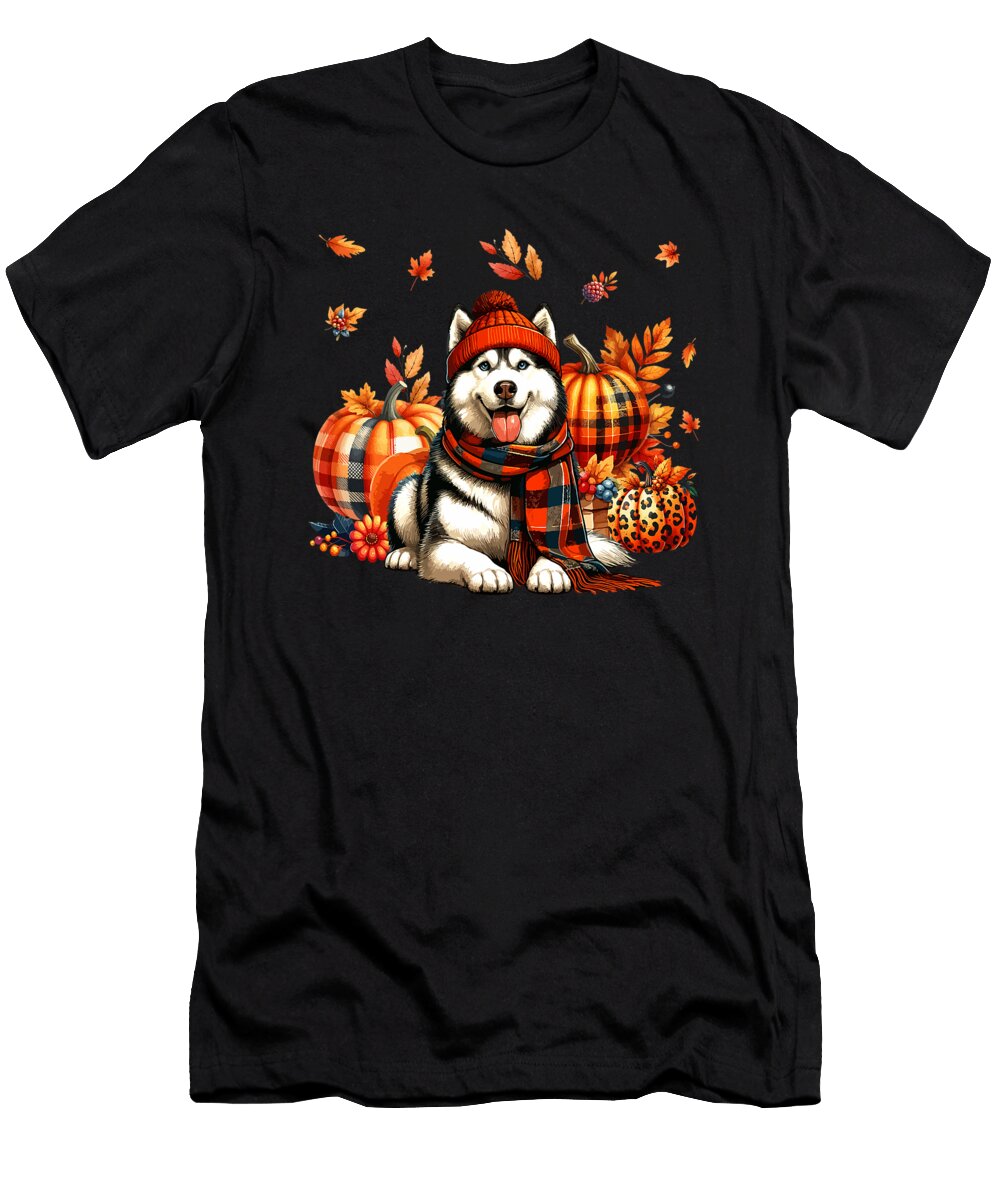 Husky Thanksgiving Leopard Pumpkins Fall Leaves Yah Lishr T-Shirt