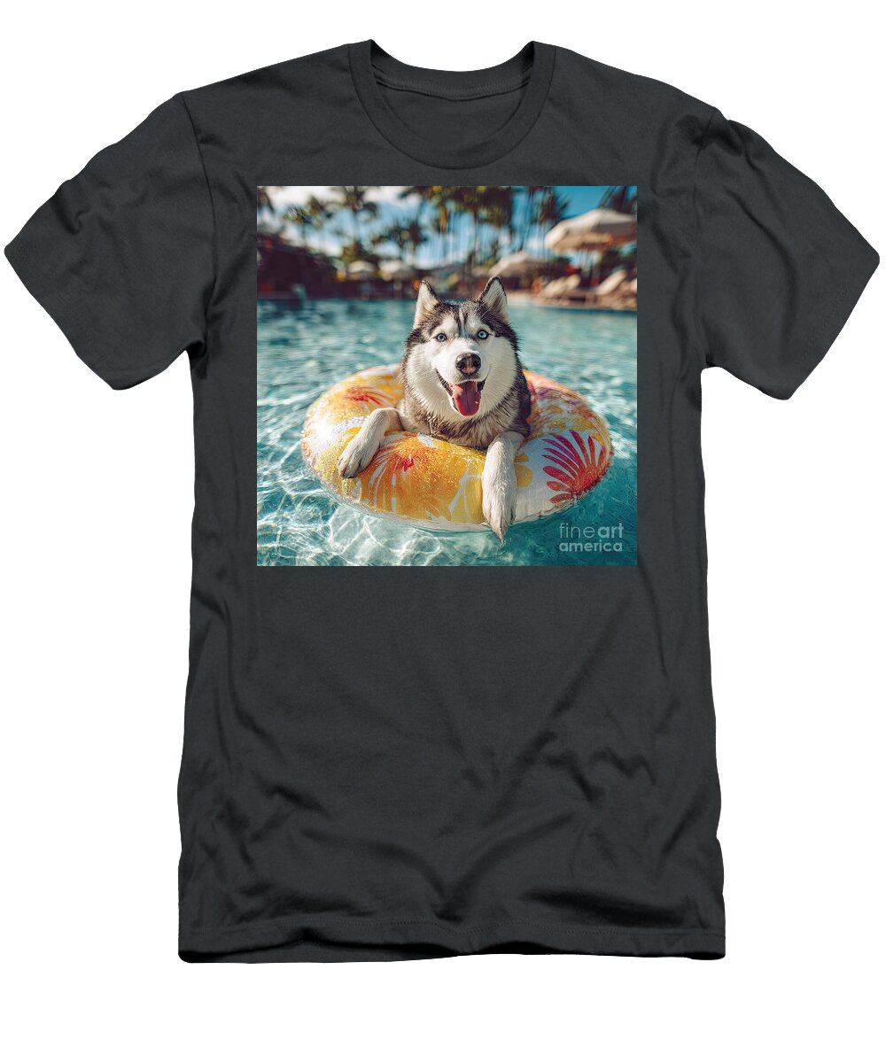 Husky with Pool Float Elisabeth Lucas T-Shirt