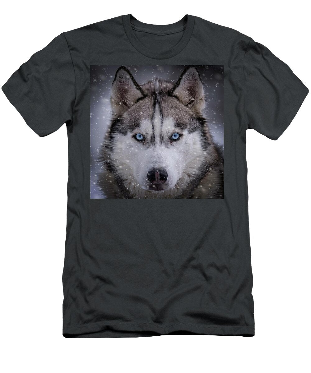 Huskys Icy Stare in Snowfall Dennis Baswell T-Shirt