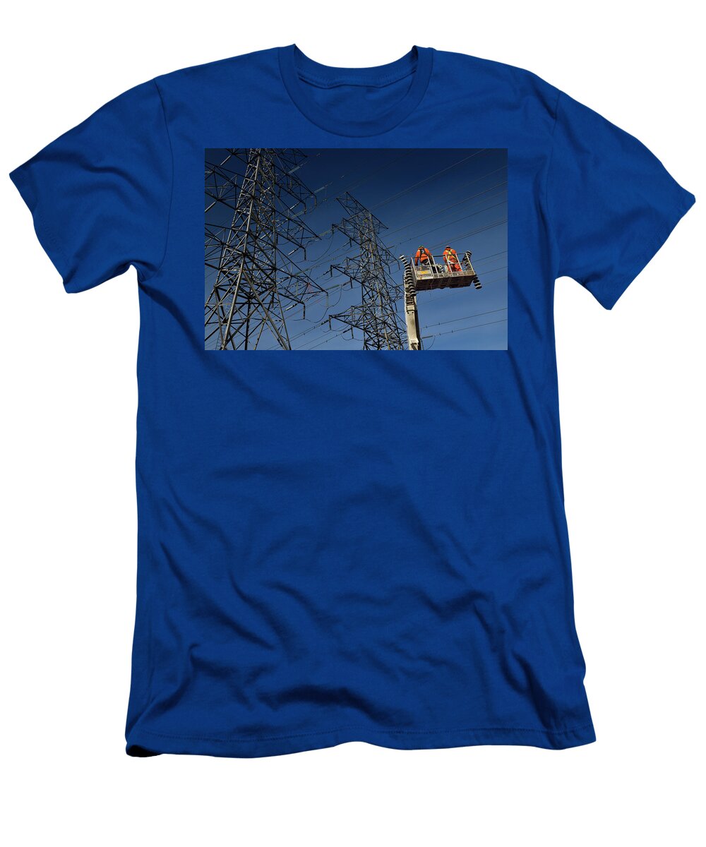 Hydro Linemen on Boom Lift with Old Suspension Insulators From H Reimar Gaertner T-Shirt