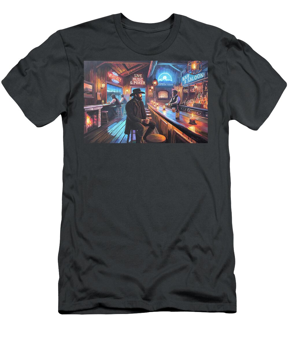 Illuminated Old West Bar Scene Out in the Wilderness At Night M Bleichner T-Shirt