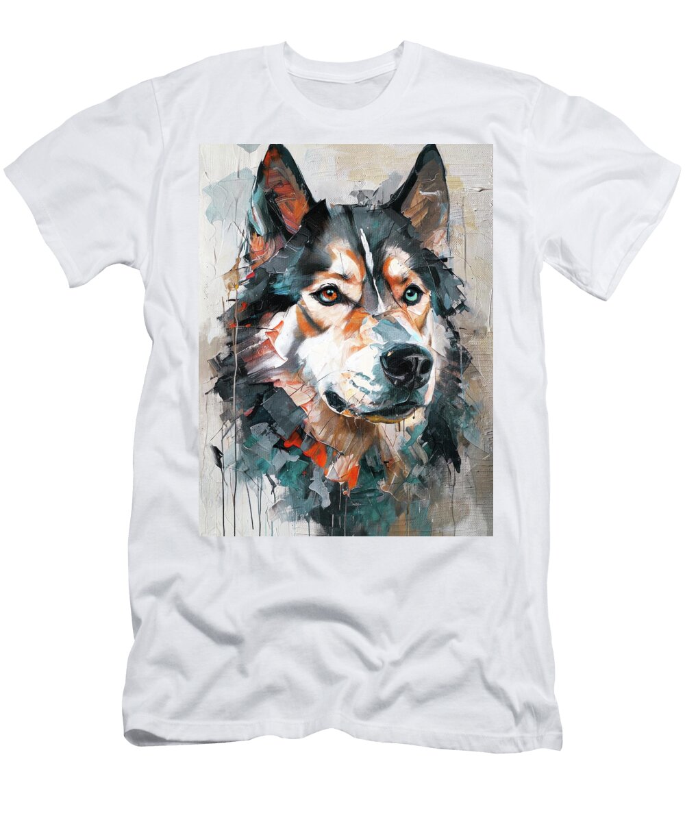 Impasto Style Portrait of a Siberian Husky Bold Digital Oil Painting Expressive Canine Art Marian Voicu T-Shirt