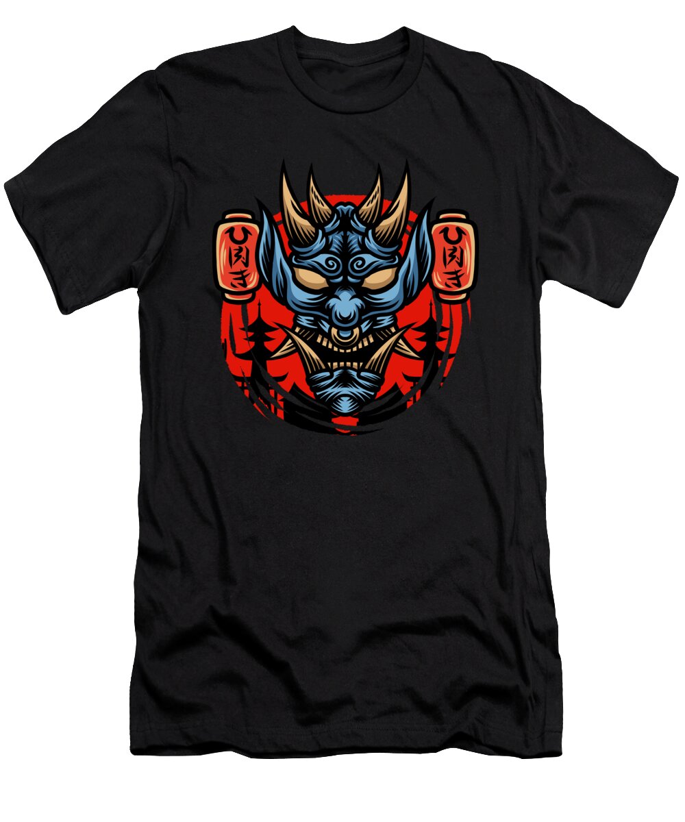 Japanese Blue Demon with Red Lanterns and Village Licensed Art T-Shirt