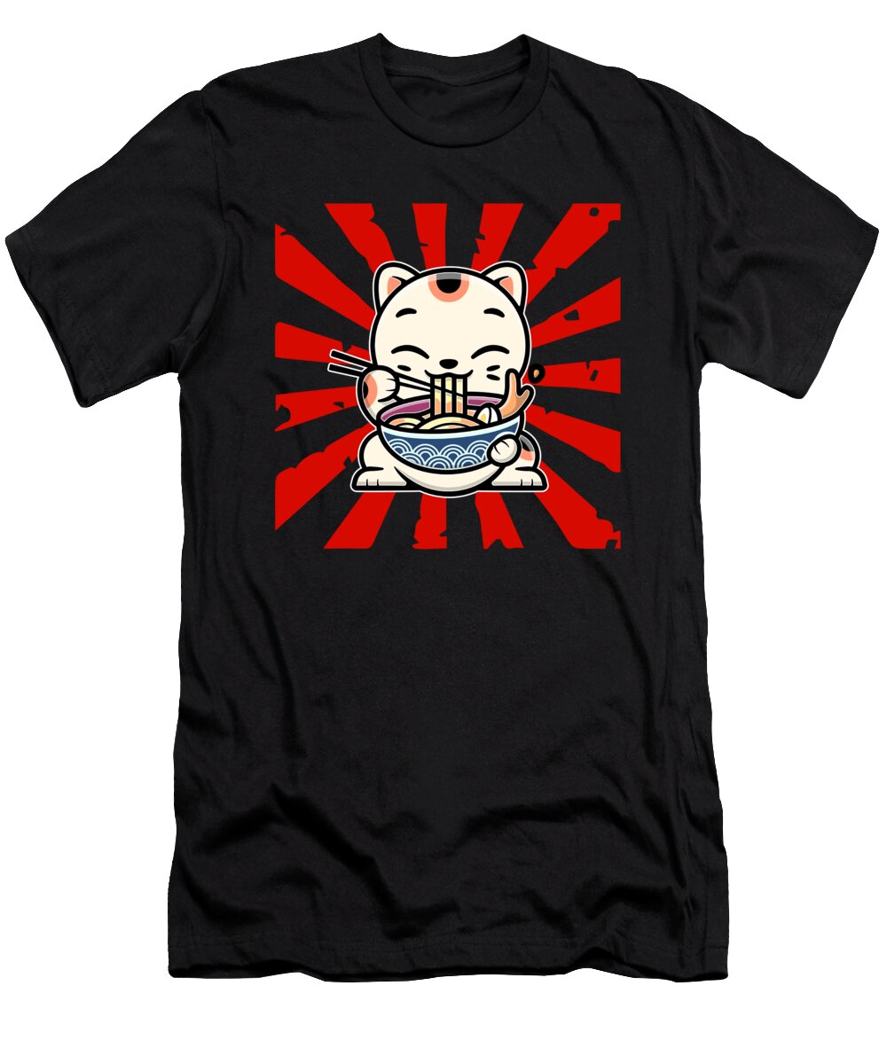 Japanese Ramen Cat Eating Noodles From Bowl Licensed Art T-Shirt