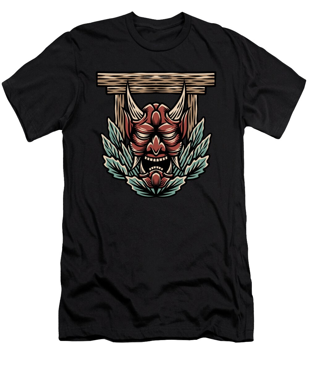 Japanese Red Demon with Green Leaves and Temple Licensed Art T-Shirt