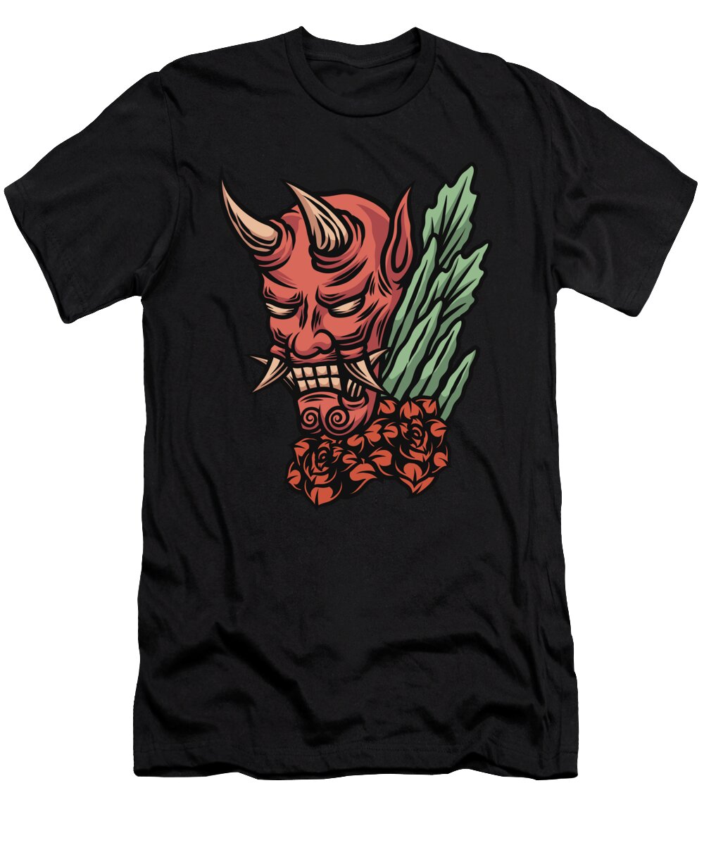 Japanese Red Demon with Red Flowers Licensed Art T-Shirt