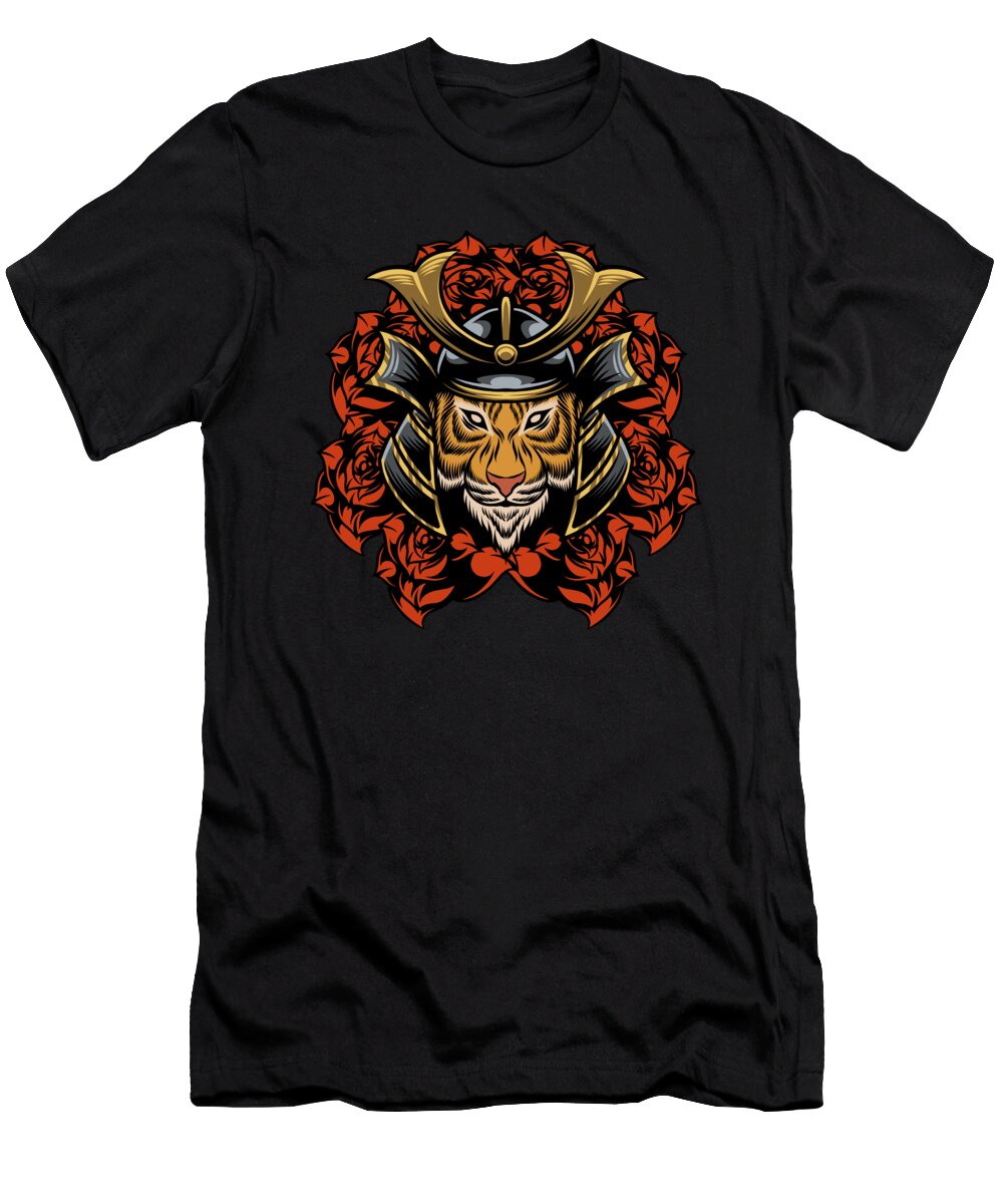 Japanese Tiger in Samurai Armor with Red Flowers Licensed Art T-Shirt