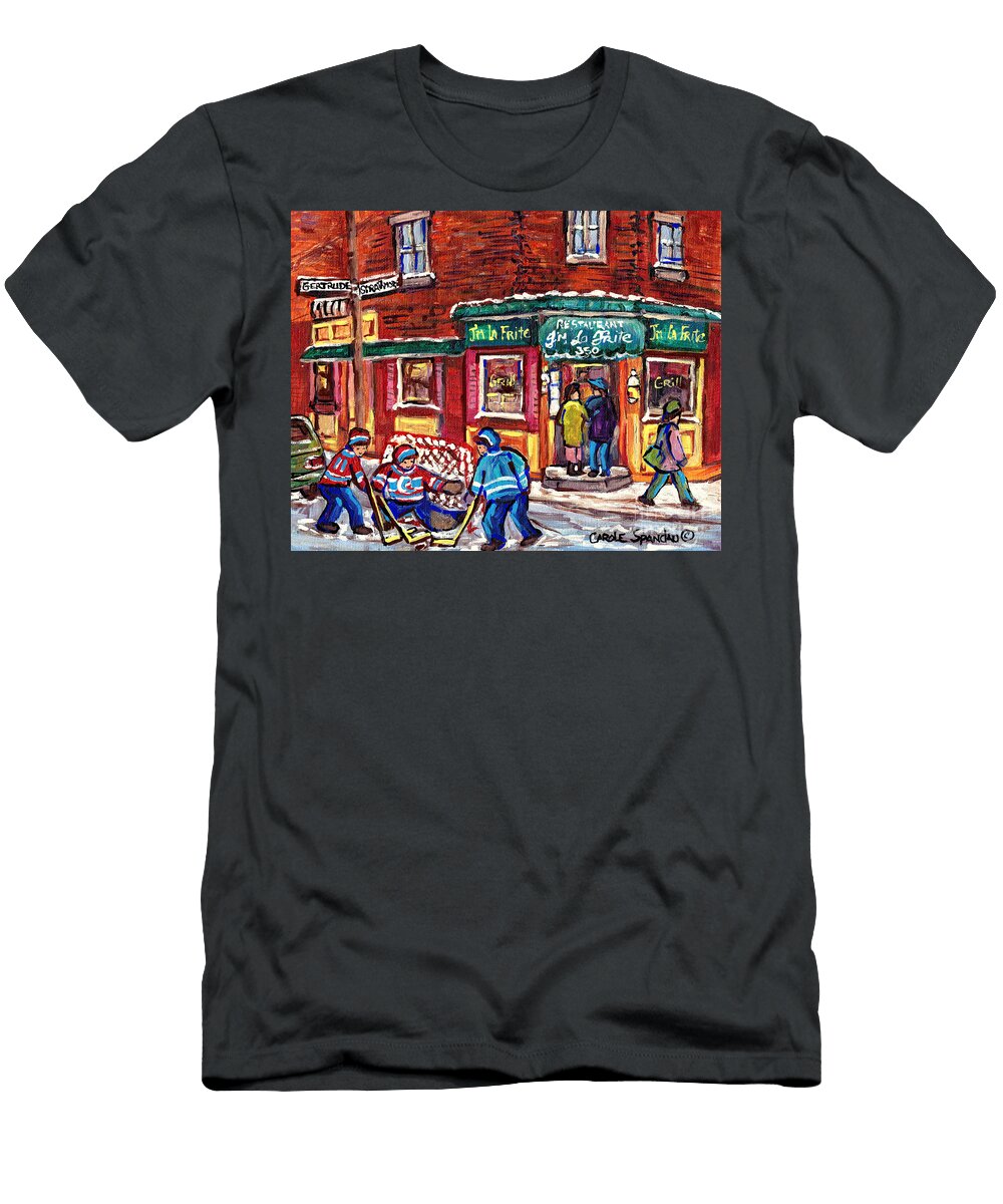 Jm LA Frite Restaurant Verdun Montreal Hockey Art Boys of Gertrude and Strathmore C Spandau Artist Carole Spandau T-Shirt
