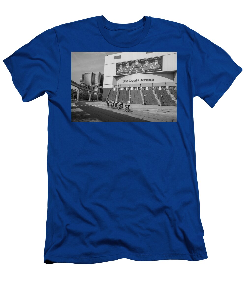Joe Louis Arena Black and White with Bikers John Mcgraw T-Shirt