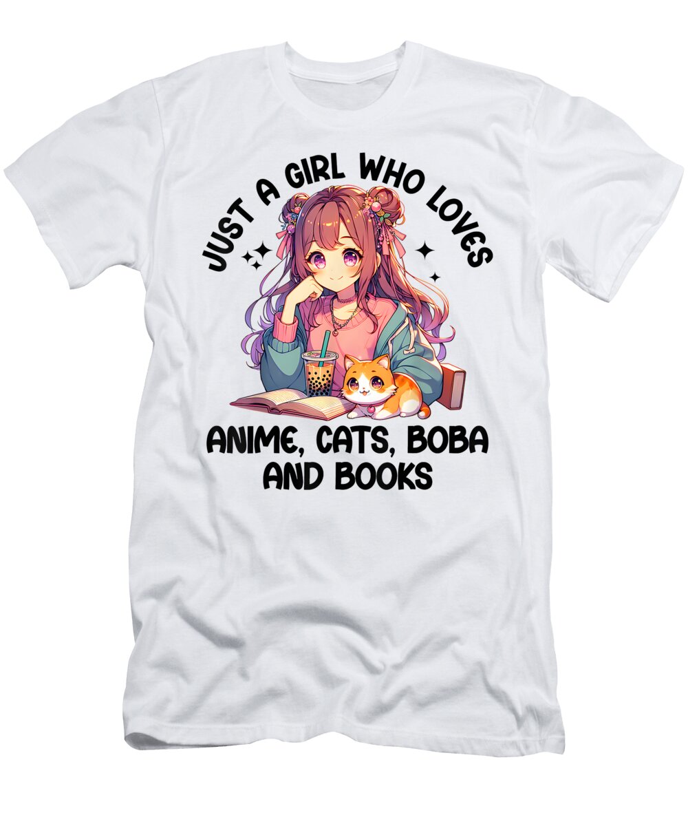 Just a Girl Who Loves Anime Cats Boba and Books Bubble Tea Robert D Price T-Shirt