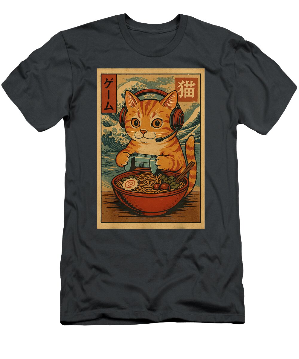 Kawaii Anime Gamer Cat Ramen Retro Japanese Zyneu Gangd T-Shirt