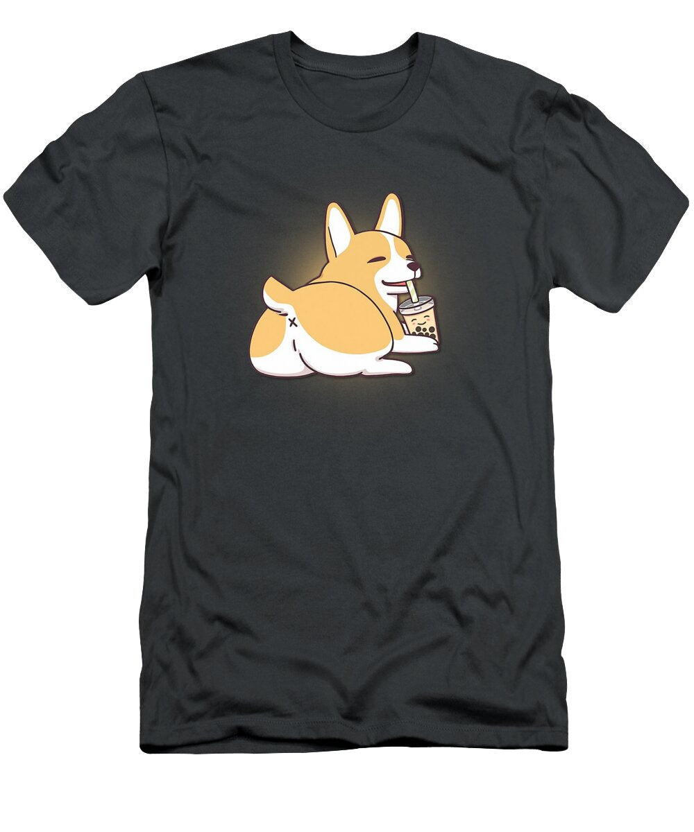 Kawaii Corgi Loves Bubble Tea Funny Bobas Welsh Dog Miller Grain T-Shirt