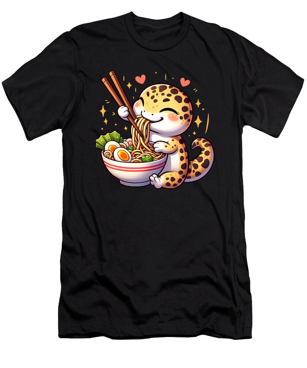 Kawaii Leopard Gecko Eating Ramen Noodle Anime Japanese Food Lover Job T-Shirt