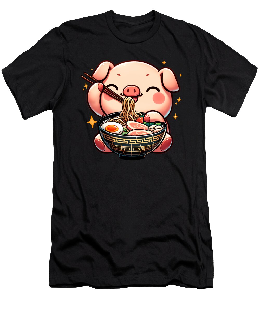 Kawaii Pig Eating Ramen Noodle Anime Japanese Food Lover Job T-Shirt
