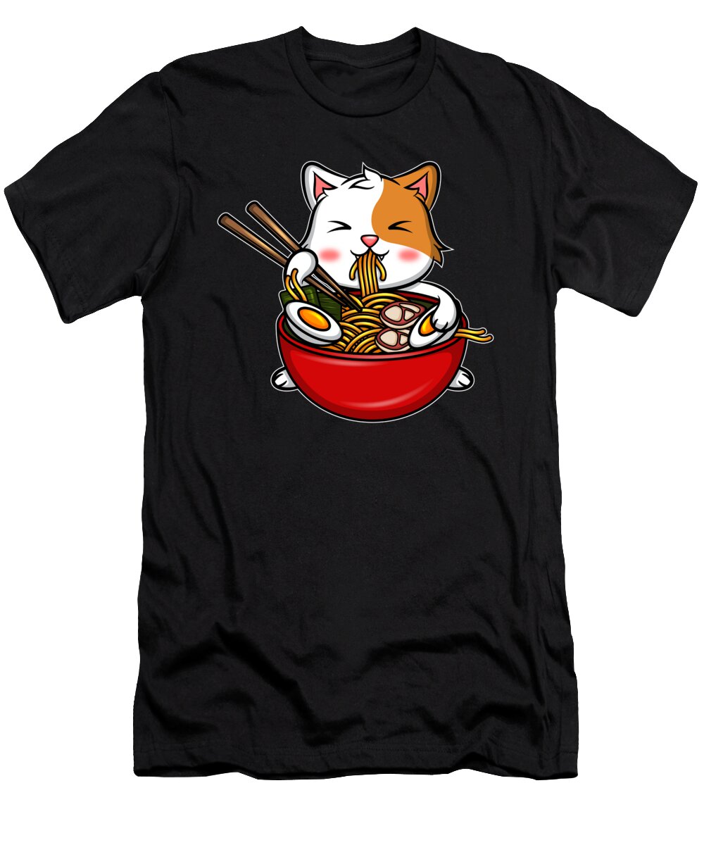 Kawaii Ramen Cat Love Kitten Eating Noodles for Manga Fans Tom Schiesswald T-Shirt