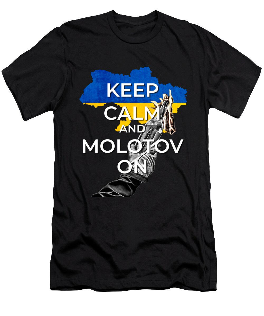 Keep Calm and Molotov on Ukrainian Flag and Coat of Arms 3 War Is Hell Store T-Shirt