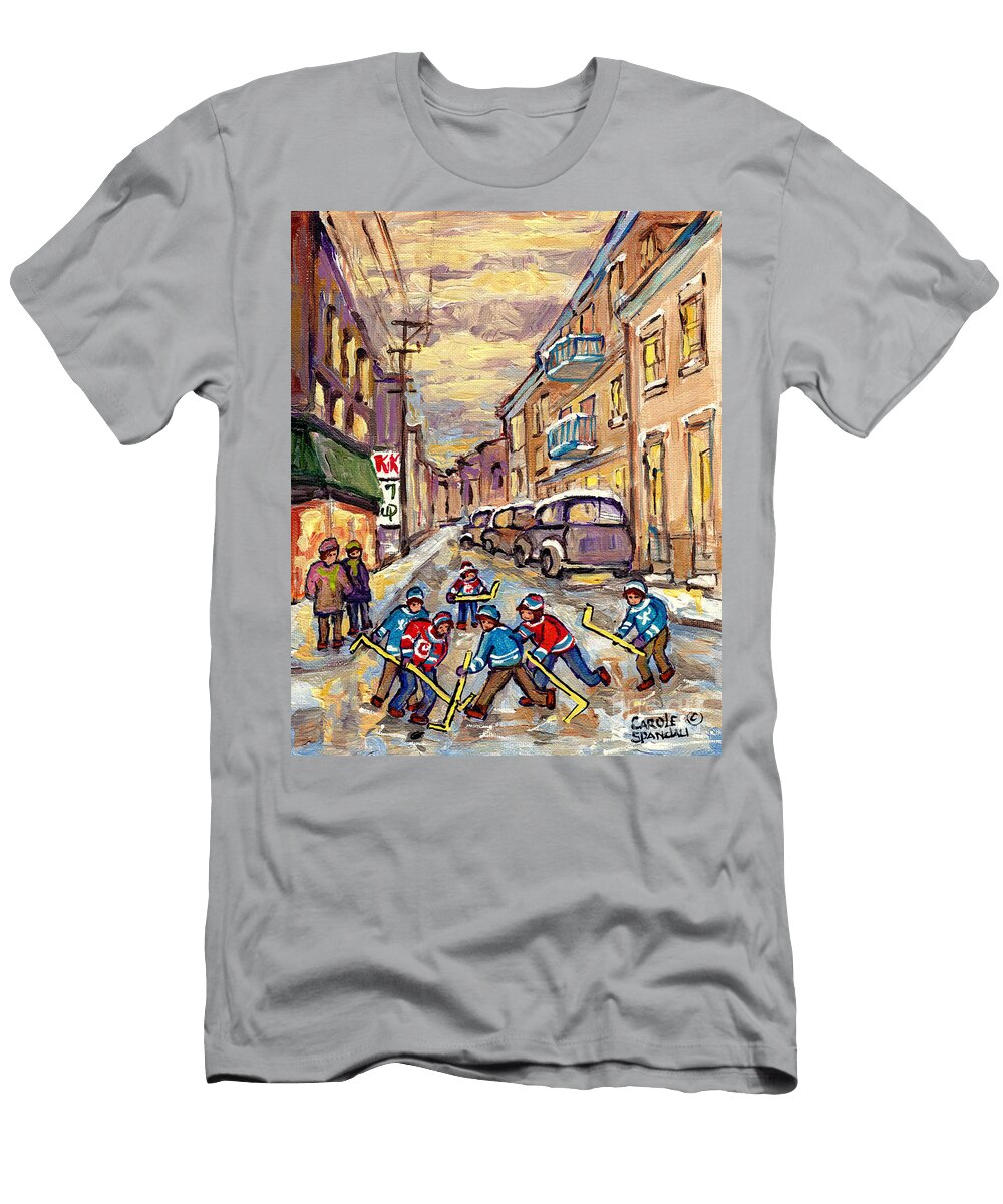 Kids Street Hockey Game 4th Ave Verdun Art for Sale Montreal City Scene Painting C Spandau Artist Carole Spandau T-Shirt
