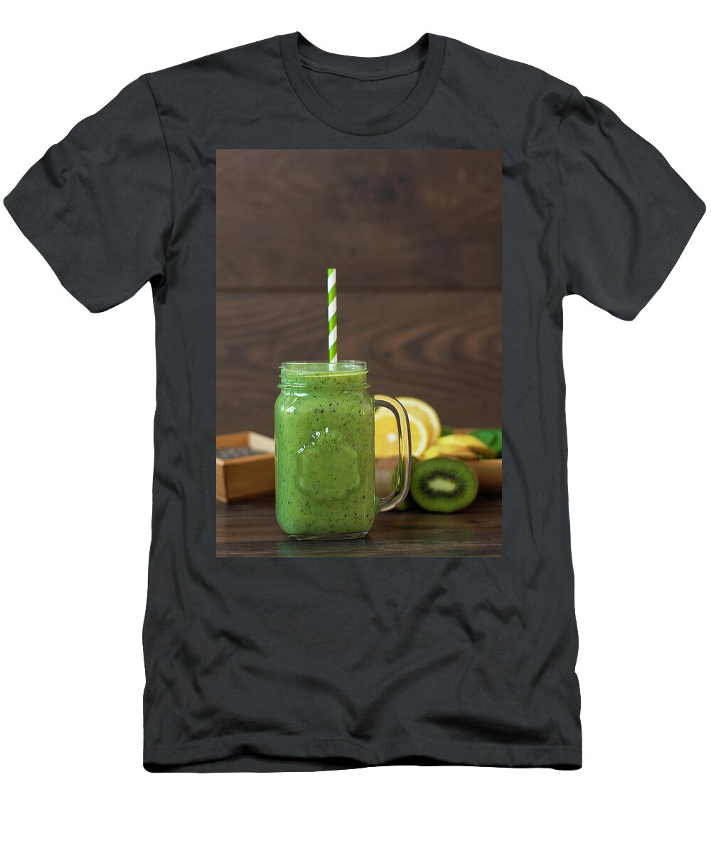 Kiwi Healthy Smoothie Milkshake with Kiwi Spinach Banana Lemon Chia Seeds Wood Background Sevda Stancheva T-Shirt