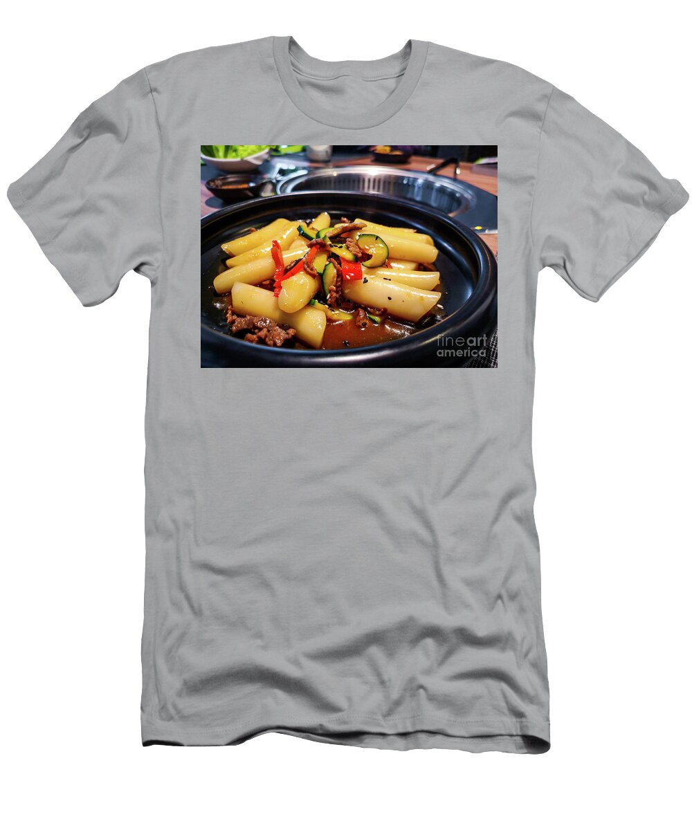 Korean Tteokbokki Rice Dumplings Black Dish in an Korean Ethnic Restaurant with Sweet Ganjang Soy Sauce Meat and Zucchini Bell Peppers Veggies Luca Lorenzelli T-Shirt