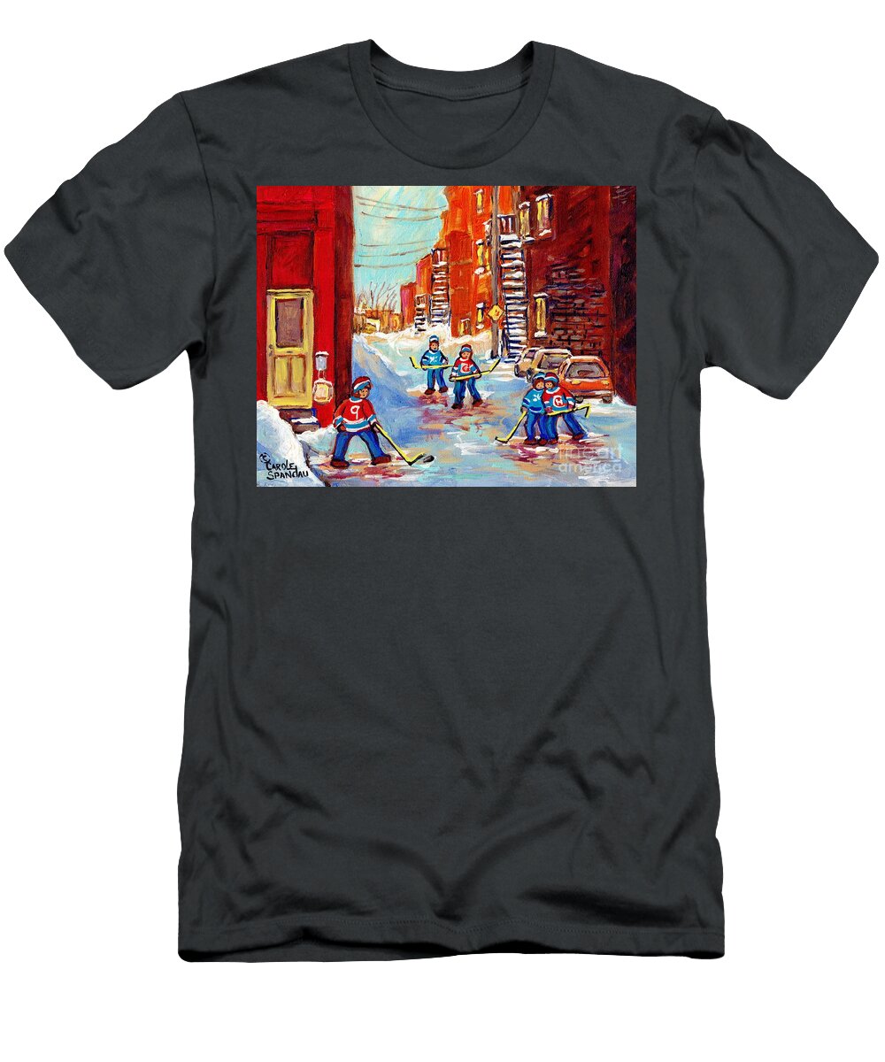 Laneway Hockey Game Off 4th Ave Verdun Winter Staircase Snow Scene C Spandau Southwest Montreal Art Carole Spandau T-Shirt