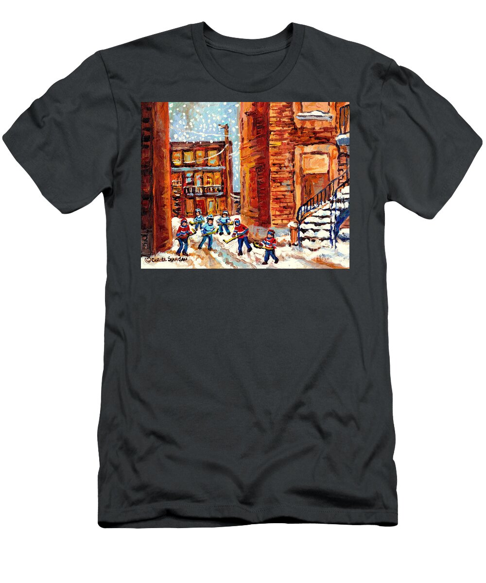 Laneway Street Hockey Game Kids Winter Fun Snow Falling Montreal Art Scene C Spandau Canadian Artist Carole Spandau T-Shirt